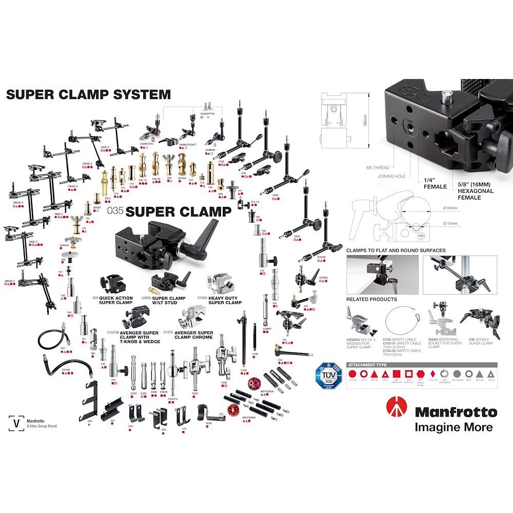 SUPER CLAMP 13-55mm / 15kg Manfrotto - Das vielseitigste Beleuchtungszubehör Es hält erfolgreich Geräte mit einem Gewicht von bi