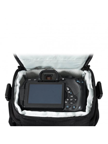 Adventura SH 120 II Lowepro - 
Fits compact DSLR with attached kit lens
Customize fit with adjustable divider system in main com