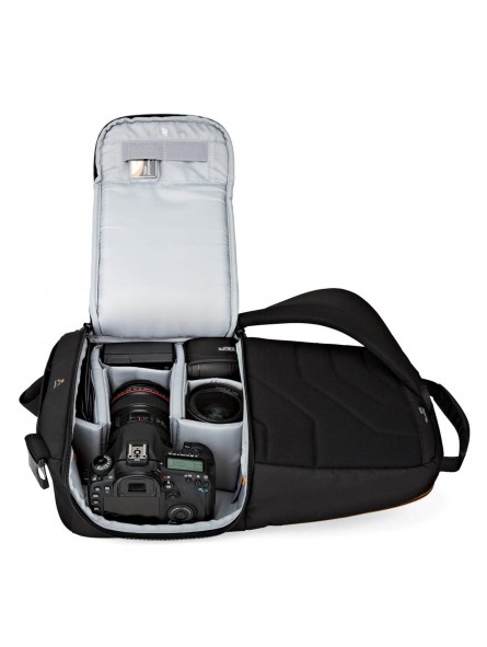 Slingshot Edge 250 AW Black Lowepro - 
Compact DSLR with attached lens (like 18-200mm) plus extra lens
Room for personal gear su