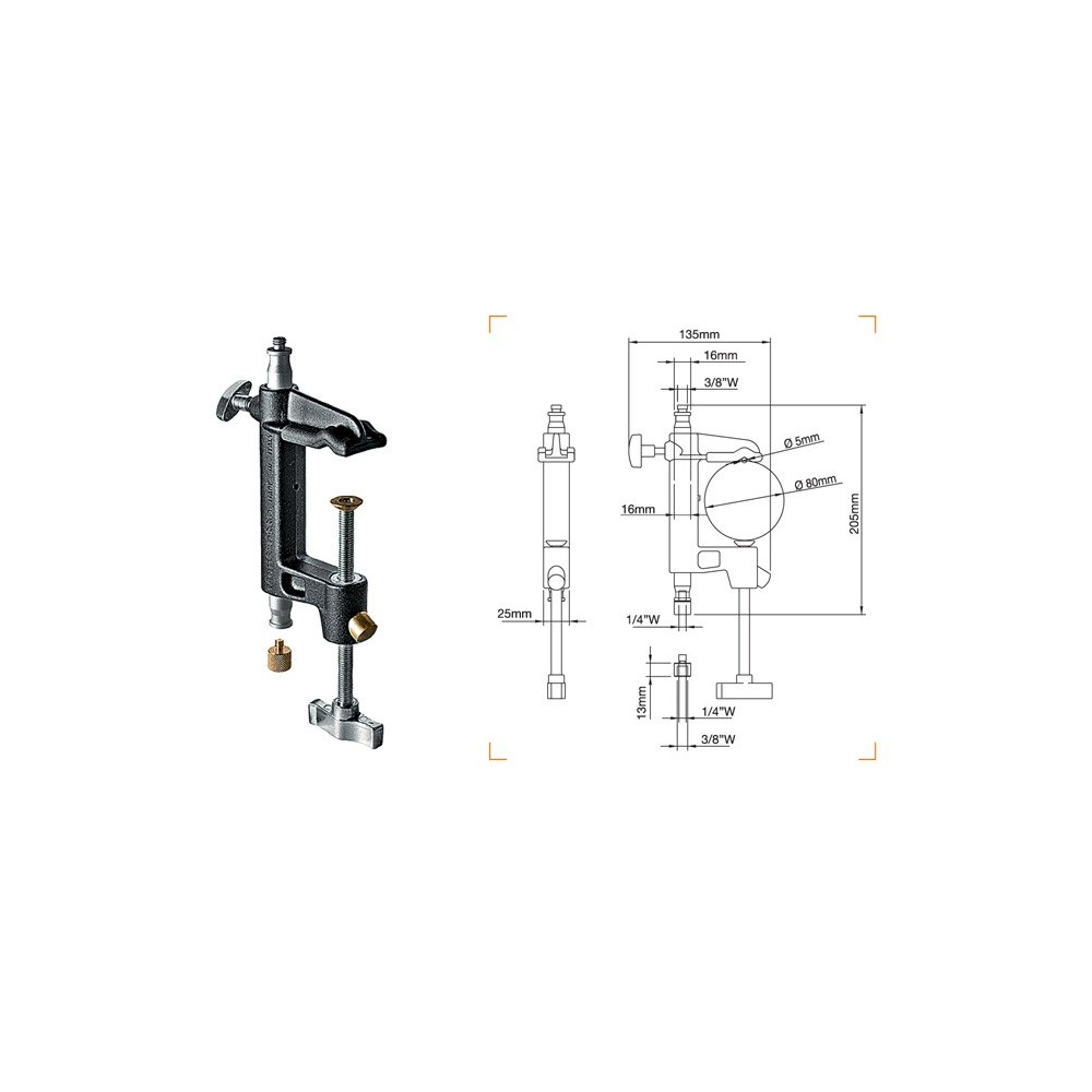 Quick-Release Clamp Manfrotto - 
Very versatile clamps thanks to the multiple attachment options
Works on round, square and rect